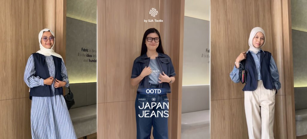 ootd baju lebaran pakai denim jeanwest japan buat yang non hijab - kain denim sja textile toko kain bandung