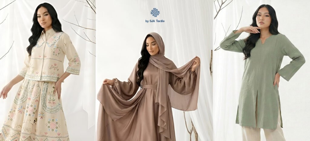 Model Baju Lebaran 2026 Modest Flowy Serbaguna SJA Textile Toko Kain Bandung