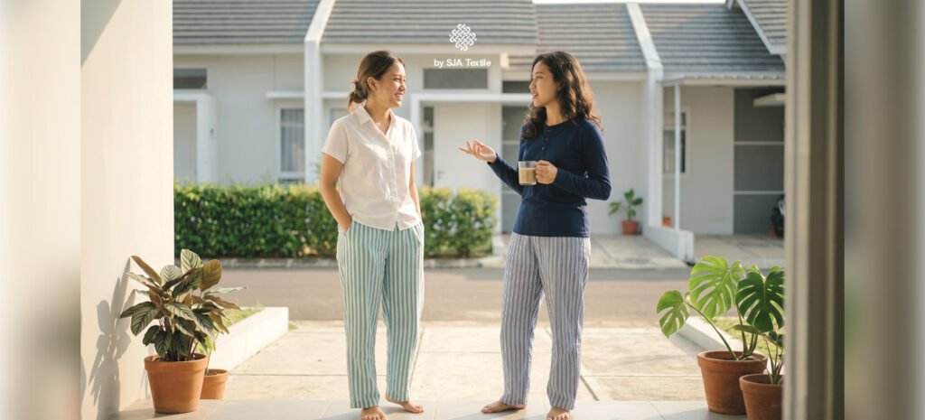 Ide outfit loungewear dari kain motif salur haruka - SJA Textile Toko Kain Bandung