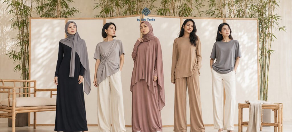 Ide outfit koleksi baju bahan bamboo skin tanboocel toko kain bandung sja textile