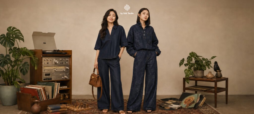 Rekomendasi bahan denim untuk loungewear jeanwest dan deco jeans dari toko kain bandung sja textile