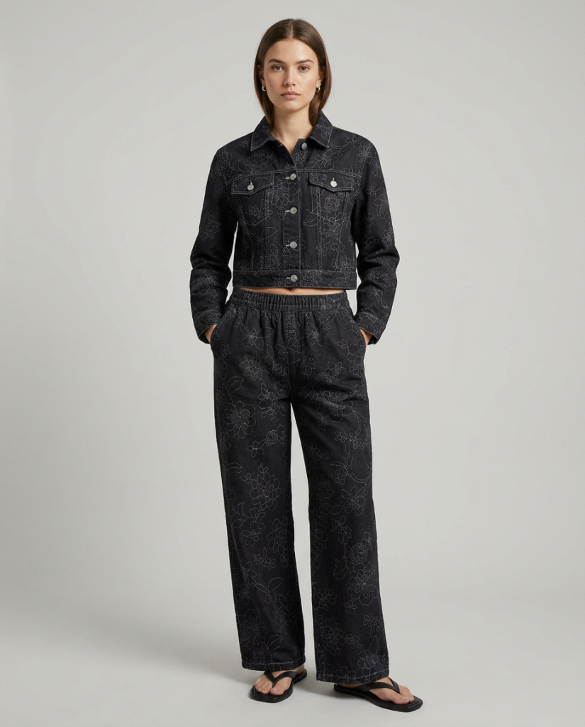 jaket crop top dan celana panjang deco jeans toko kain bandung sja textile
