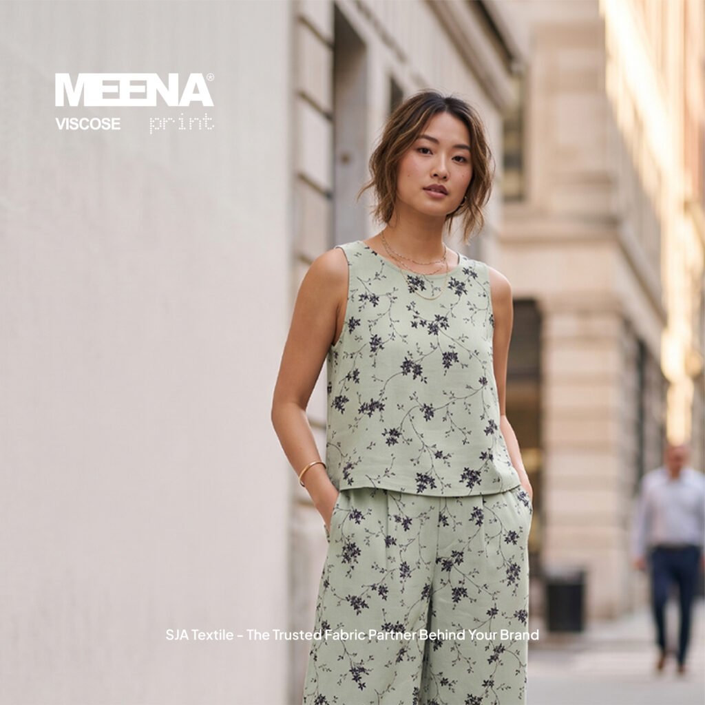 one set wanita dari Kain rayon printing baru warna Sage Meena F Sakura - Toko Kain Bandung SJA Textile