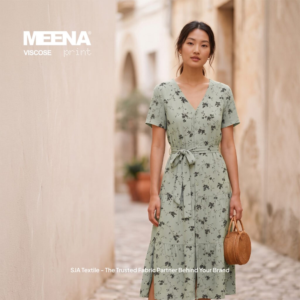 dress dari Kain rayon printing baru warna Sage Meena F Sakura - Toko Kain Bandung SJA Textile