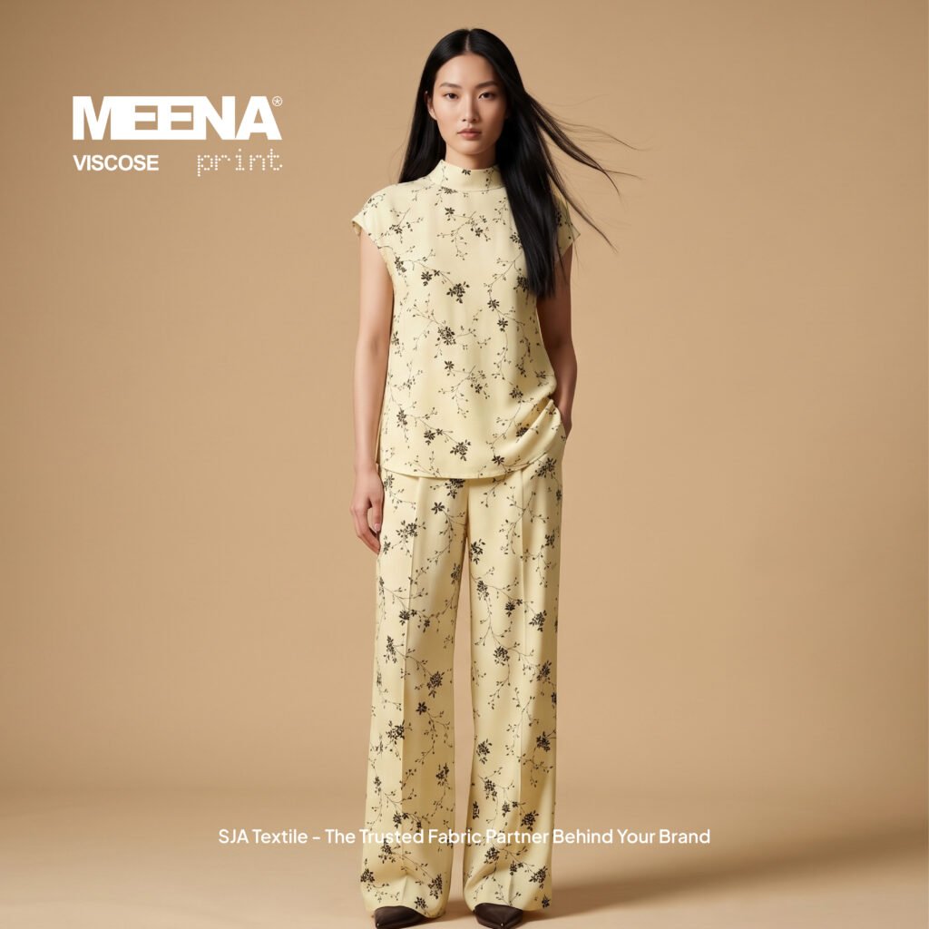 atasan wanita dari Kain rayon printing baru warna Butter Meena F Sakura - Toko Kain Bandung SJA Textile