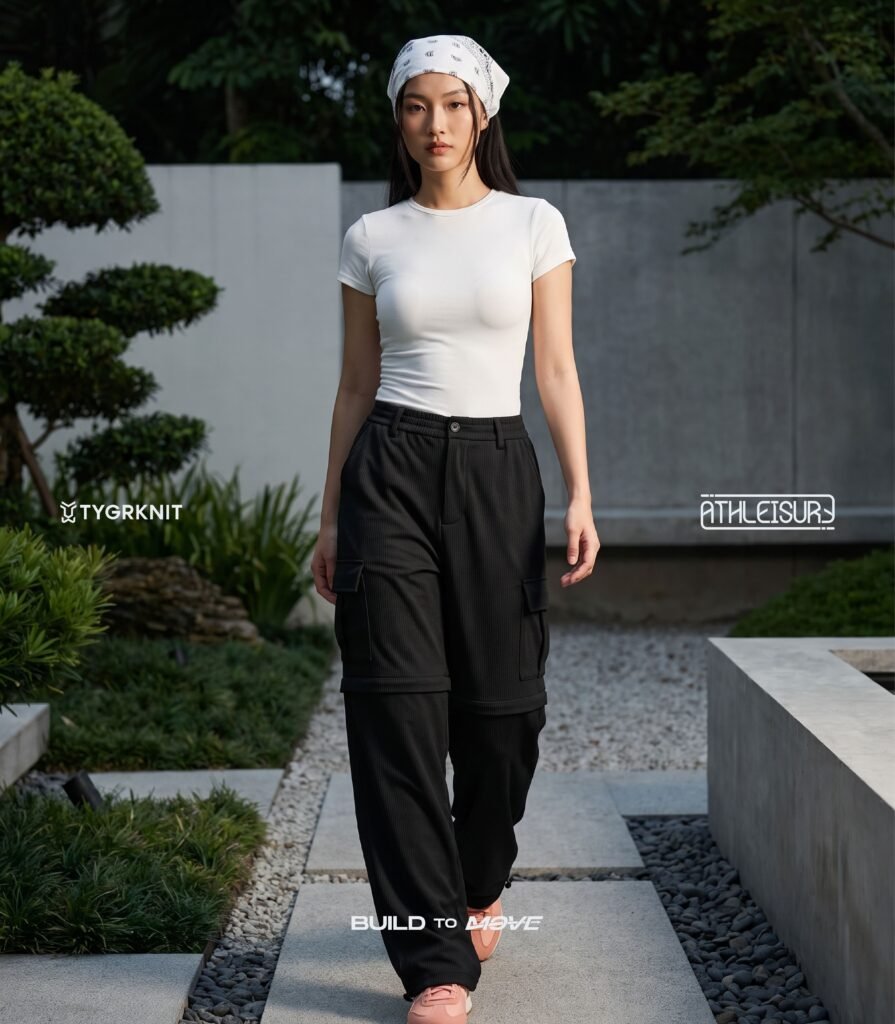 Ide outfit athleisure wanita Cargo Pants dengan Sentuhan Feminin