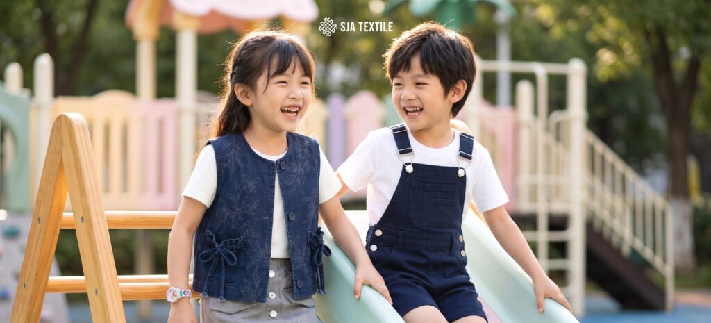 Perbandingan bahan denim jeanwest dan deco jeans untuk koleksi baju anak dari toko kain bandung sja textile