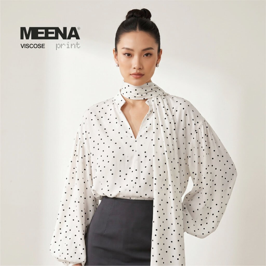 Kemeja Wanita dari Kain Rayon Meena Viscose F Polkadot White - Toko Kain Bandung SJA Textile