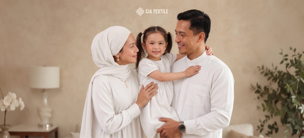 sarimbit keluarga pakai baju warna putih yang jadi trend lebaran 2027