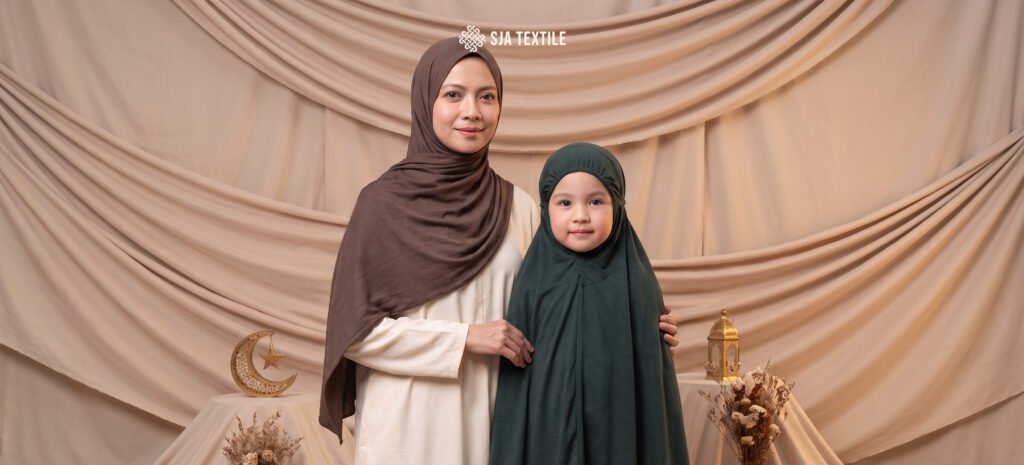 koleksi hijab mukena lebaran bamboo skin dari toko kain bandung sja textile