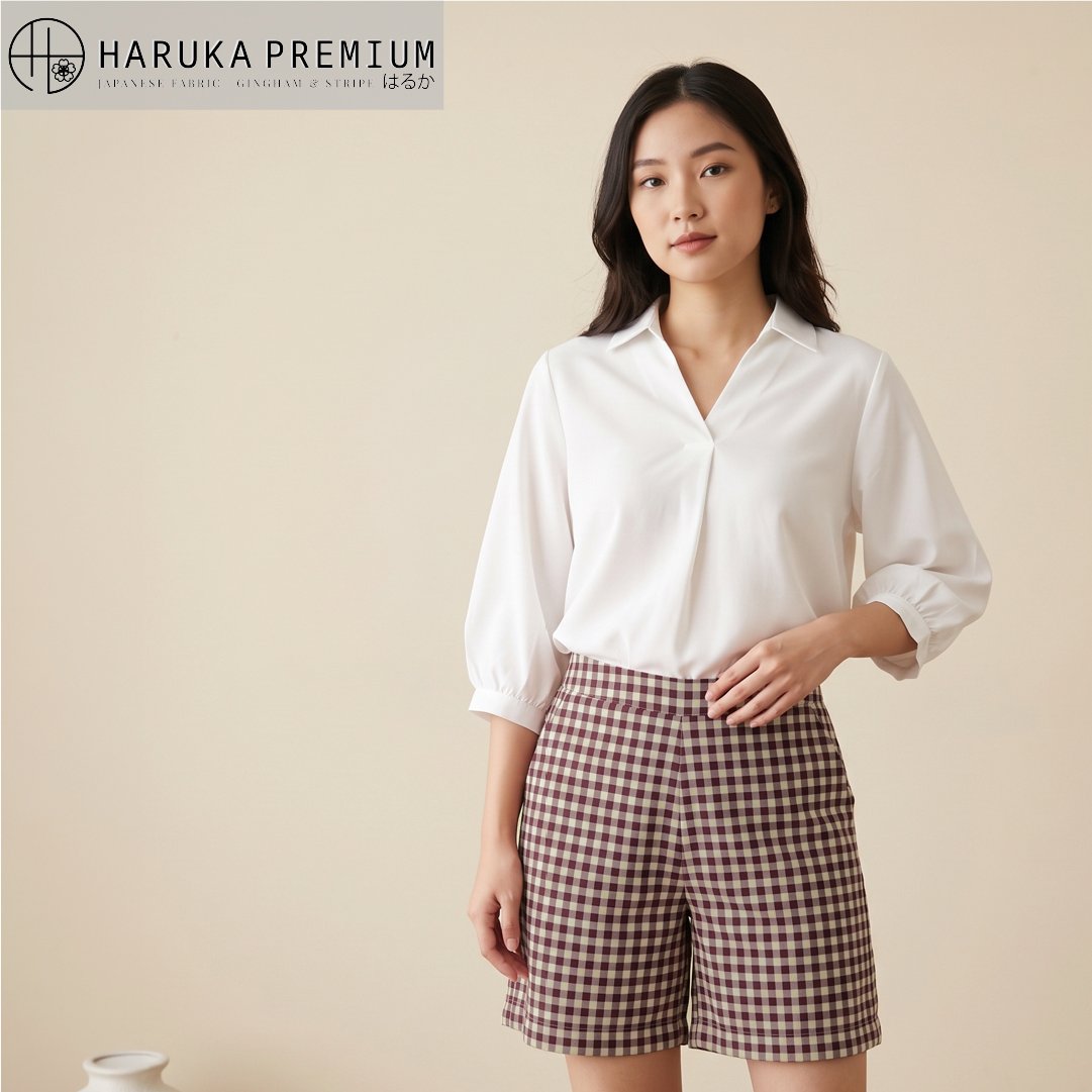 celana pendek wanita Kain Haruka Kotak 0306 Jade Series - Toko Kain Bandung SJA Textile - Burgundy Cream