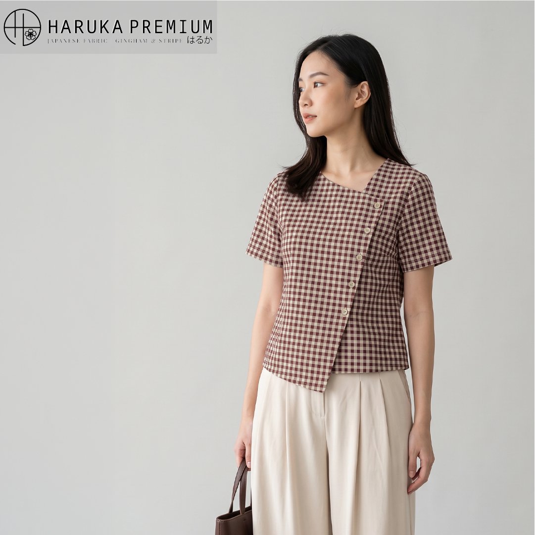 kemeja wanita modern Kain Haruka Kotak 0306 Jade Series - Toko Kain Bandung SJA Textile - Burgundy Cream