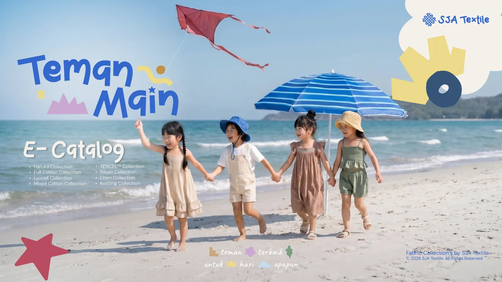 Cover E-Catalog Teman Main, katalog kain baju anak SJA Textile